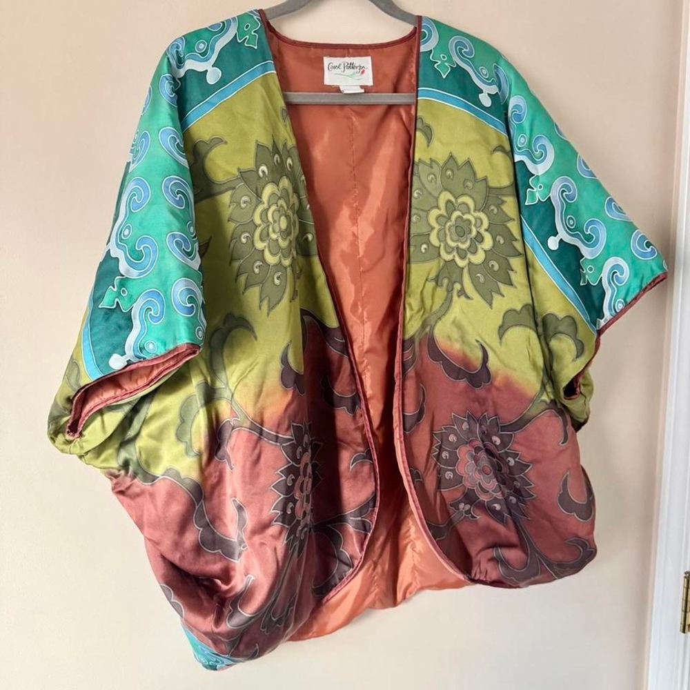 Carol Patterson Silk Shawl Watercolor Art to Wear Green Blue Orange Maximal